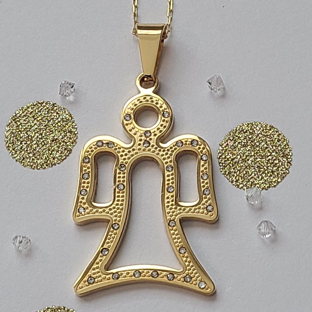Gold Finished Stainless Steel Angel with Crystal Rhinestones on a Gold Chain